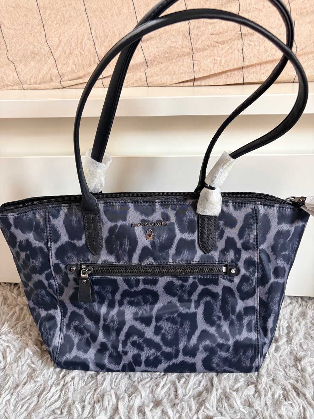 Michael Kors Navy and Gray Leopard-Print Tote